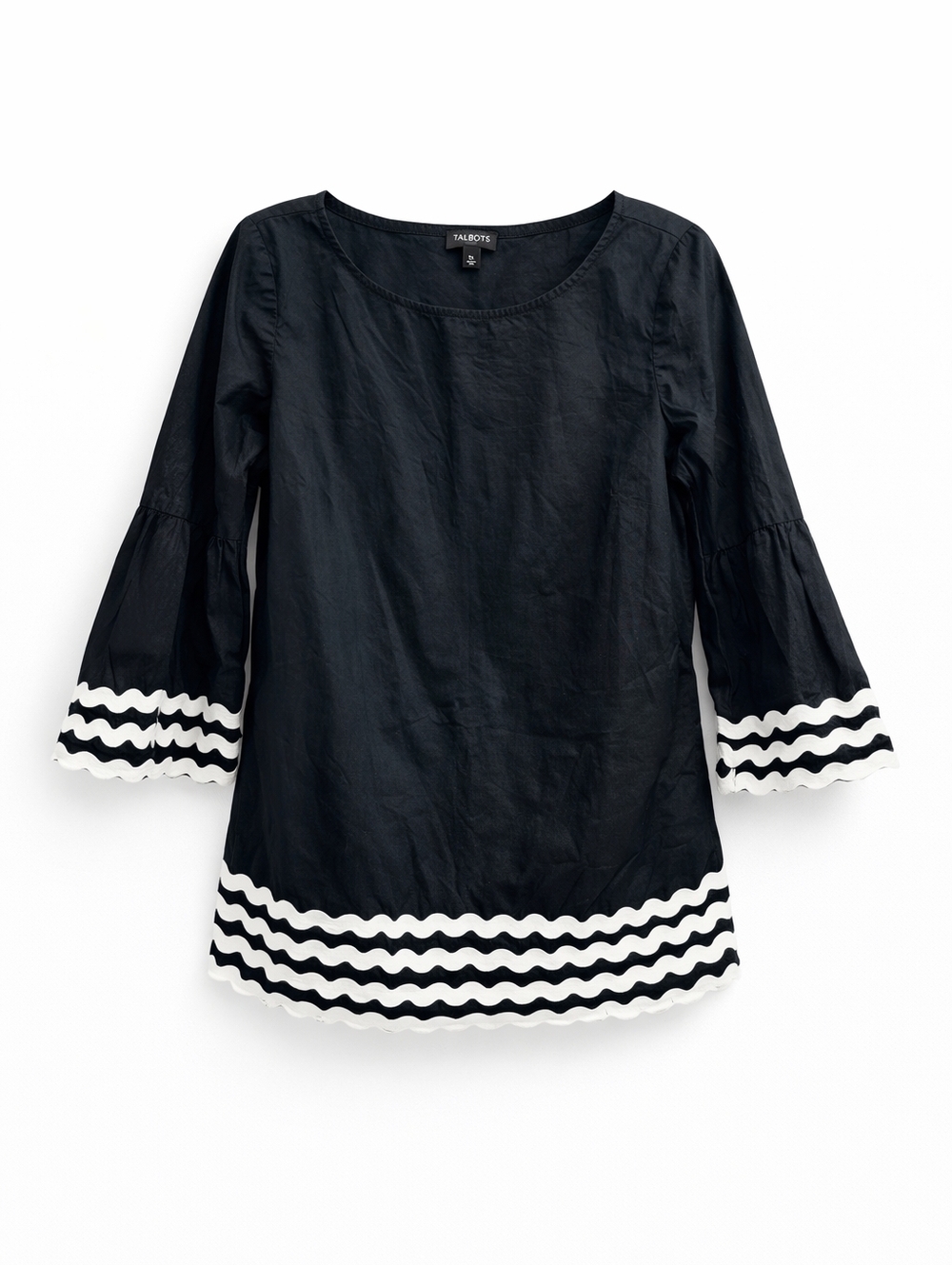 Talbots Black Tunic Top White Trim Petite Small SP 3/4 Sleeve Blouse Classic